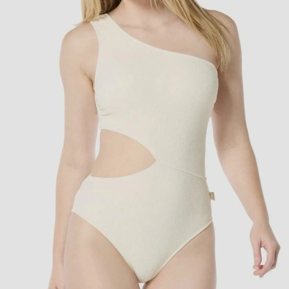 Michael Kors Bone One-Shoulder Side-Cutout One-Piece Swimsuit Ribbed Texture 8